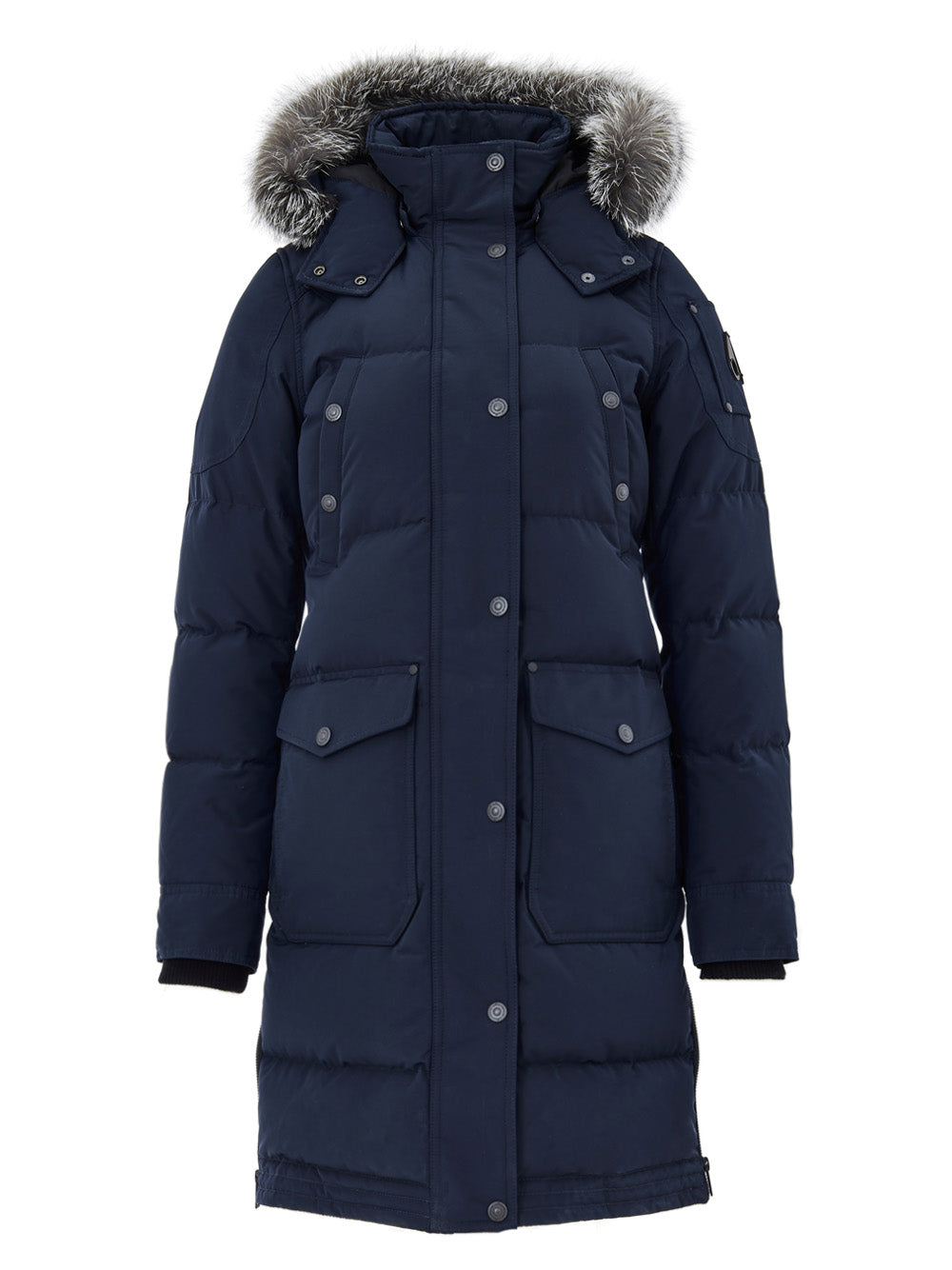 Giubbino Blu Lungo Imbottito con Cappuccio e Pelliccia Moose Knuckles