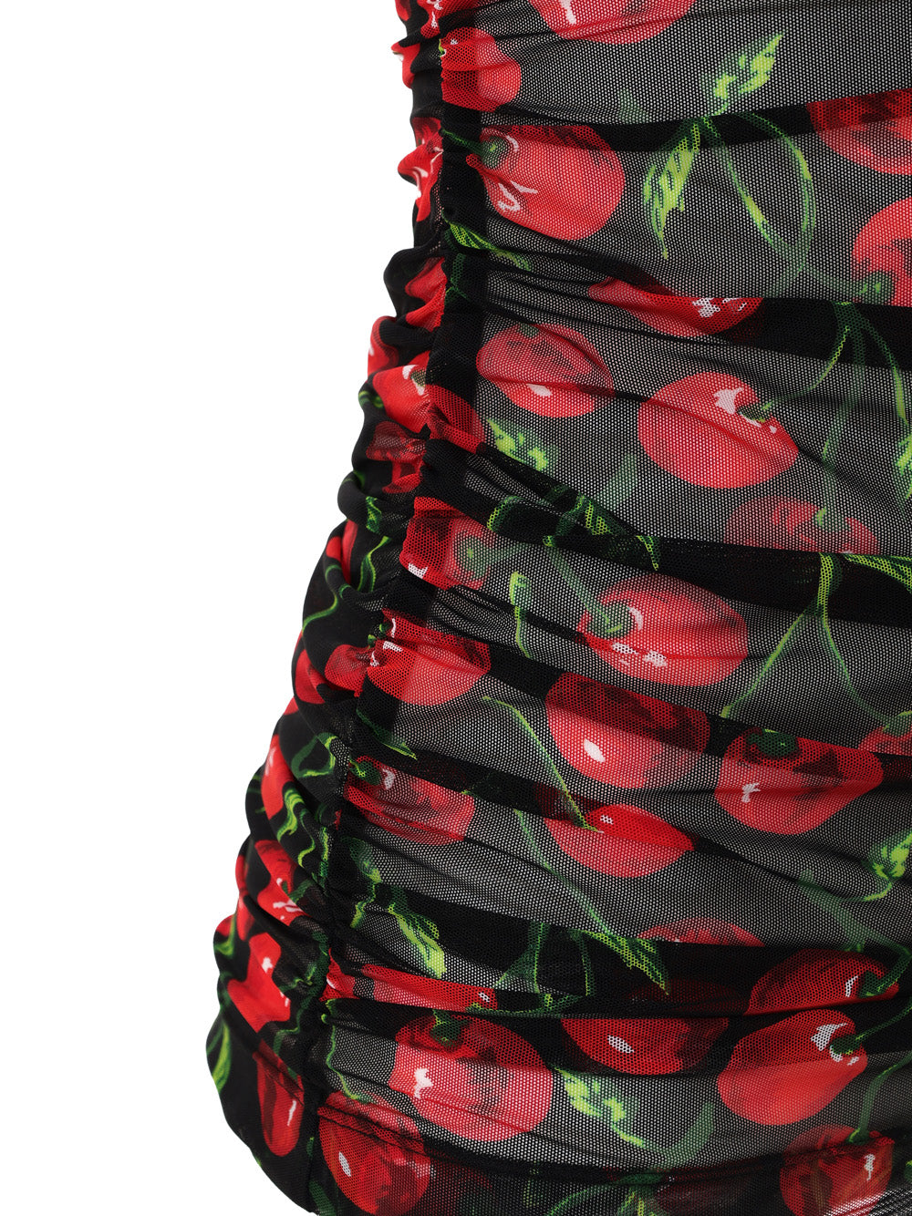 Top Smanicato in Tulle Nero Stampa Ciliegie Dolce & Gabbana