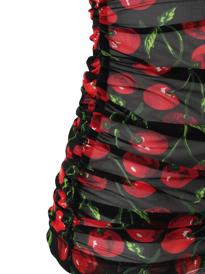 Top Smanicato in Tulle Nero Stampa Ciliegie Dolce & Gabbana