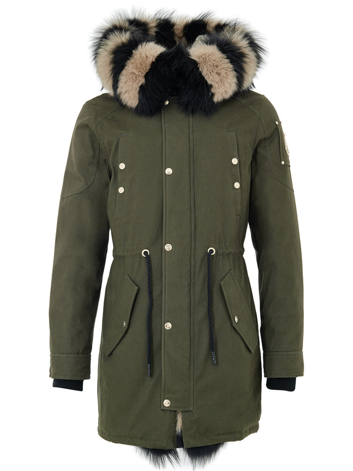 Parka Lungo Verde Militare con Cappuccio e Pelliccia Moose Knuckles
