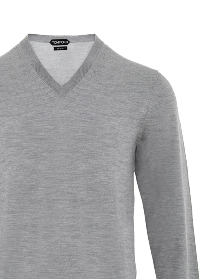 Maglia Grigia con Scollo a V in Cashmere e Seta Tom Ford