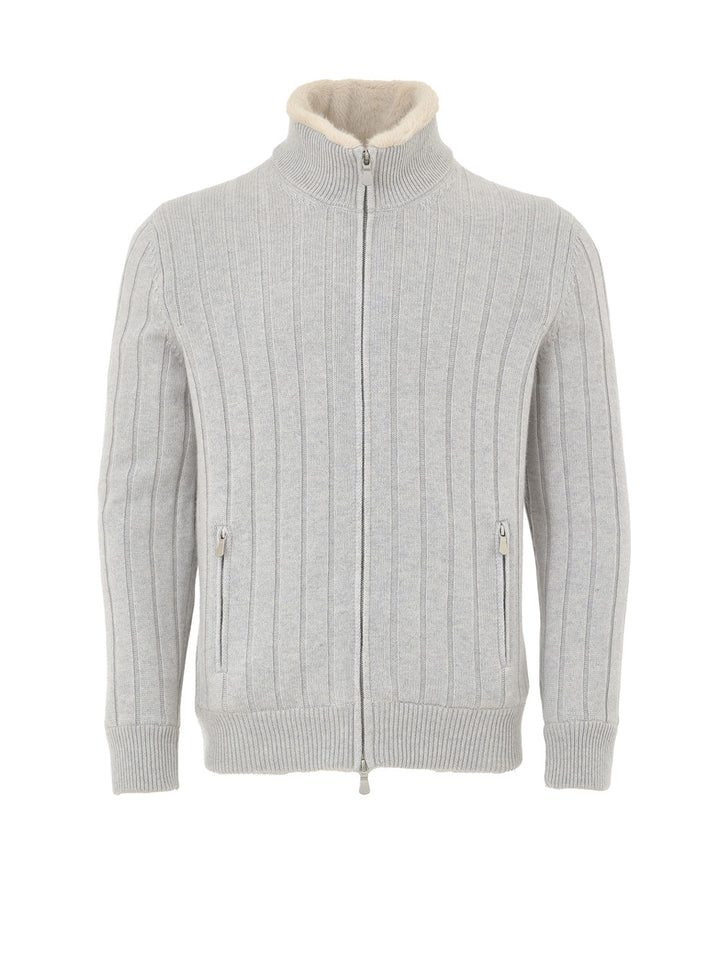Maglione con Zip Grigio in Lana ed Eco Fur Gran Sasso