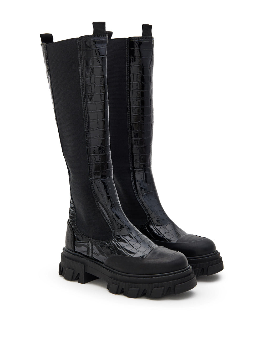 Stivali Alti Chelsea Neri Knee-High con Effetto Coccodrillo