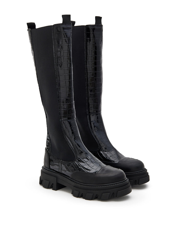 Stivali Alti Chelsea Neri Knee-High con Effetto Coccodrillo