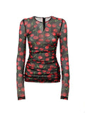 Maglia a Manica Lunga in Tulle Nero Stampa Ciliegie Dolce & Gabbana