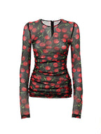Maglia a Manica Lunga in Tulle Nero Stampa Ciliegie Dolce & Gabbana