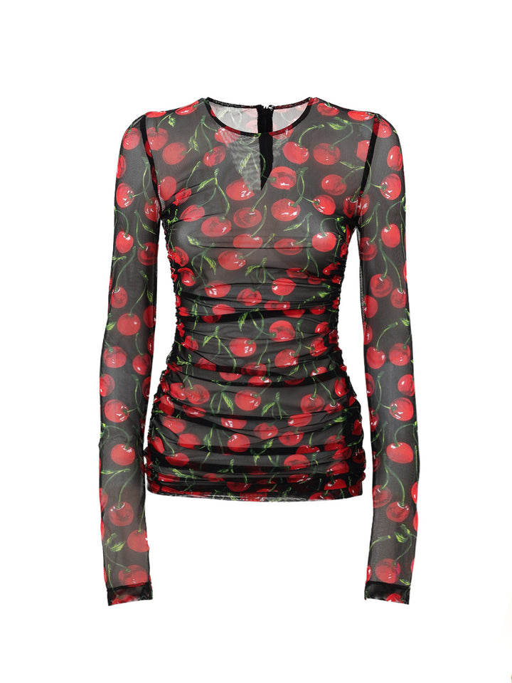Maglia a Manica Lunga in Tulle Nero Stampa Ciliegie Dolce & Gabbana
