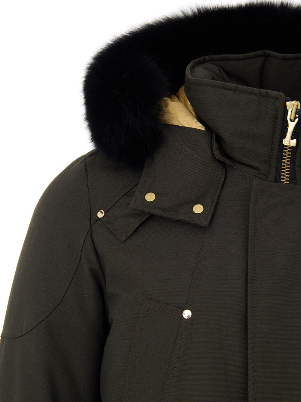 Giubbino Lungo in Tessuto Verde con Cappuccio e Pelliccia Moose Knuckles