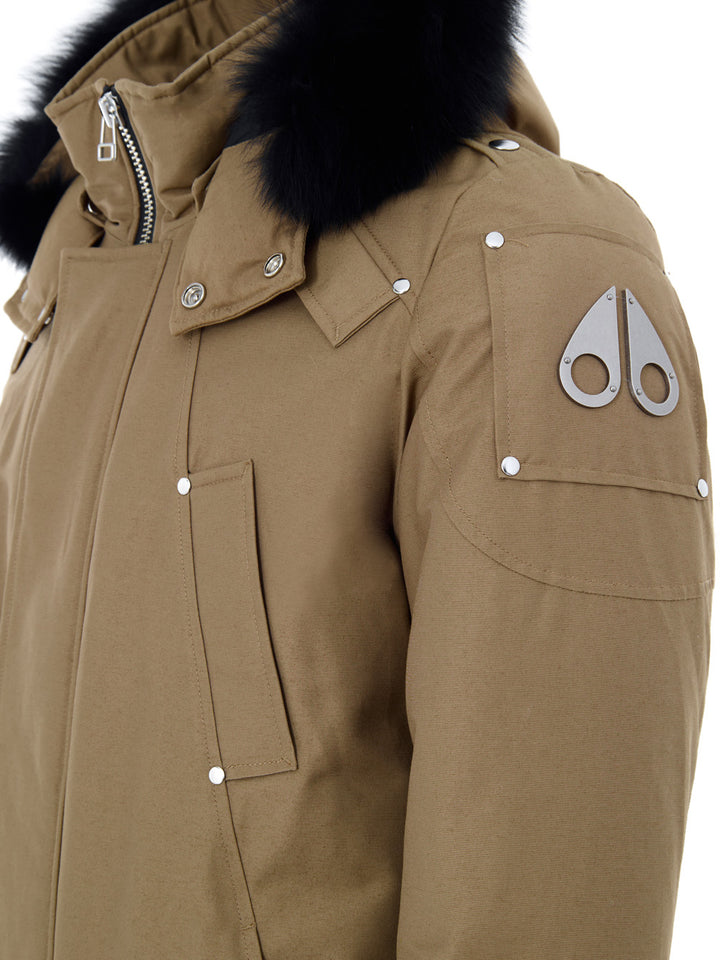 Giubbino Lungo Beige in Tessuto con Cappuccio e Pelliccia Moose Knuckles