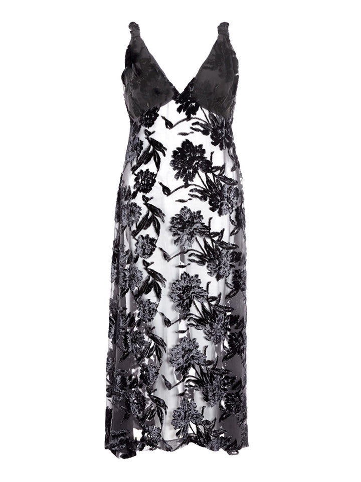 Long tulle dress with velvet flower print