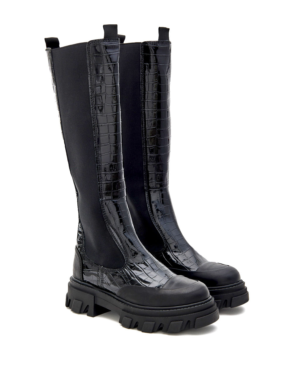 Stivali Alti Chelsea Neri Knee-High con Effetto Coccodrillo