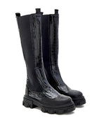 Stivali Alti Chelsea Neri Knee-High con Effetto Coccodrillo