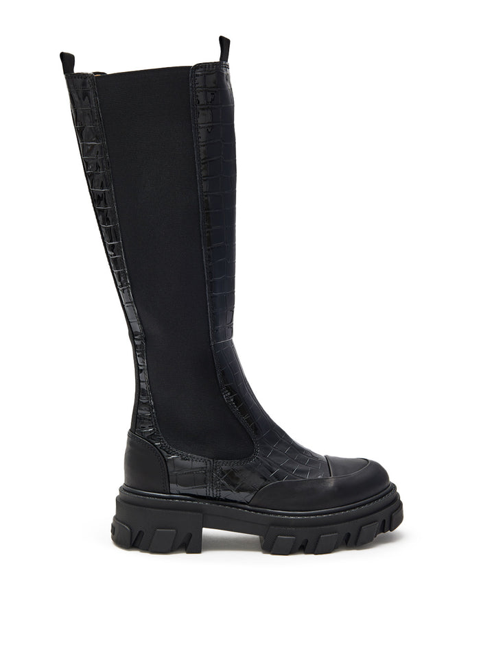 Stivali Alti Chelsea Neri Knee-High con Effetto Coccodrillo