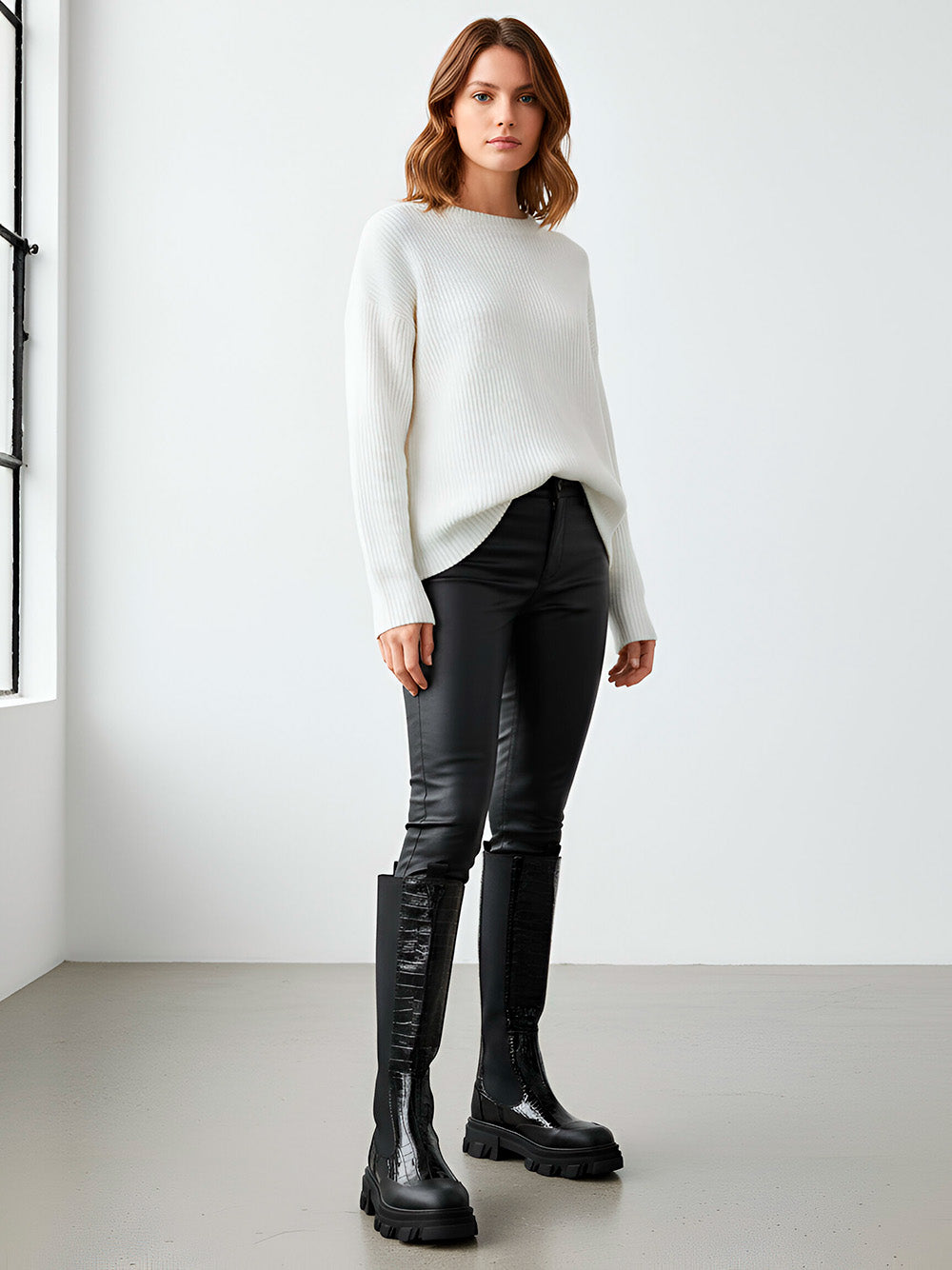 Stivali Alti Chelsea Neri Knee-High con Effetto Coccodrillo