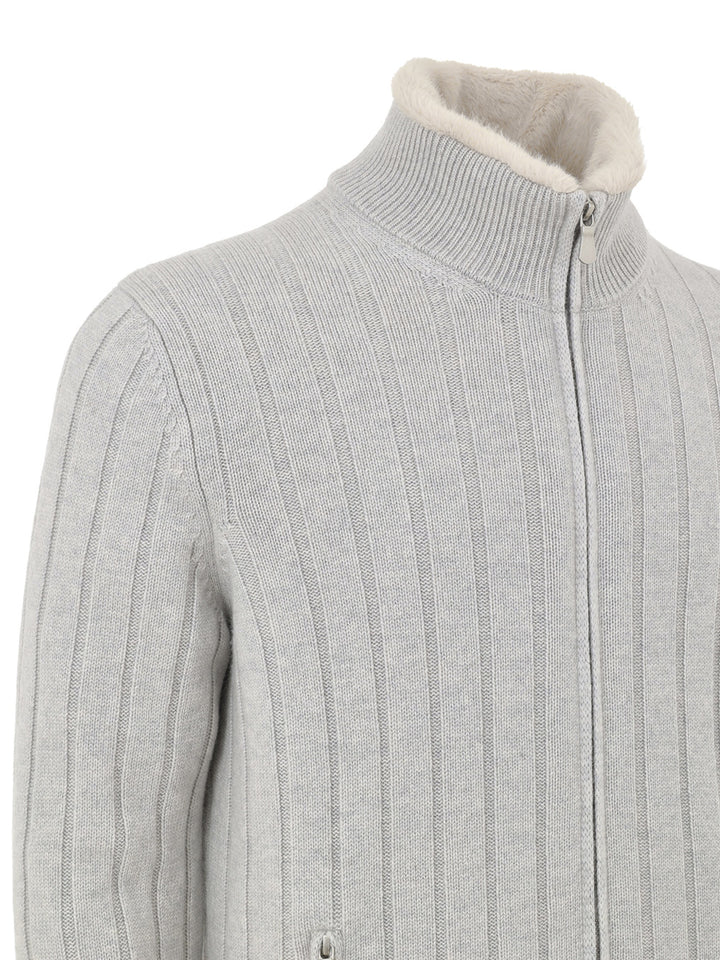 Maglione con Zip Grigio in Lana ed Eco Fur Gran Sasso