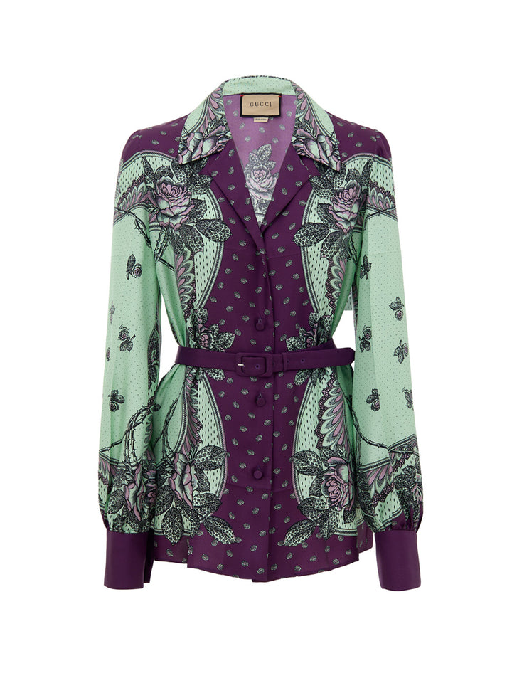 Camicia in Seta con Stampa Verde Menta e Viola Gucci