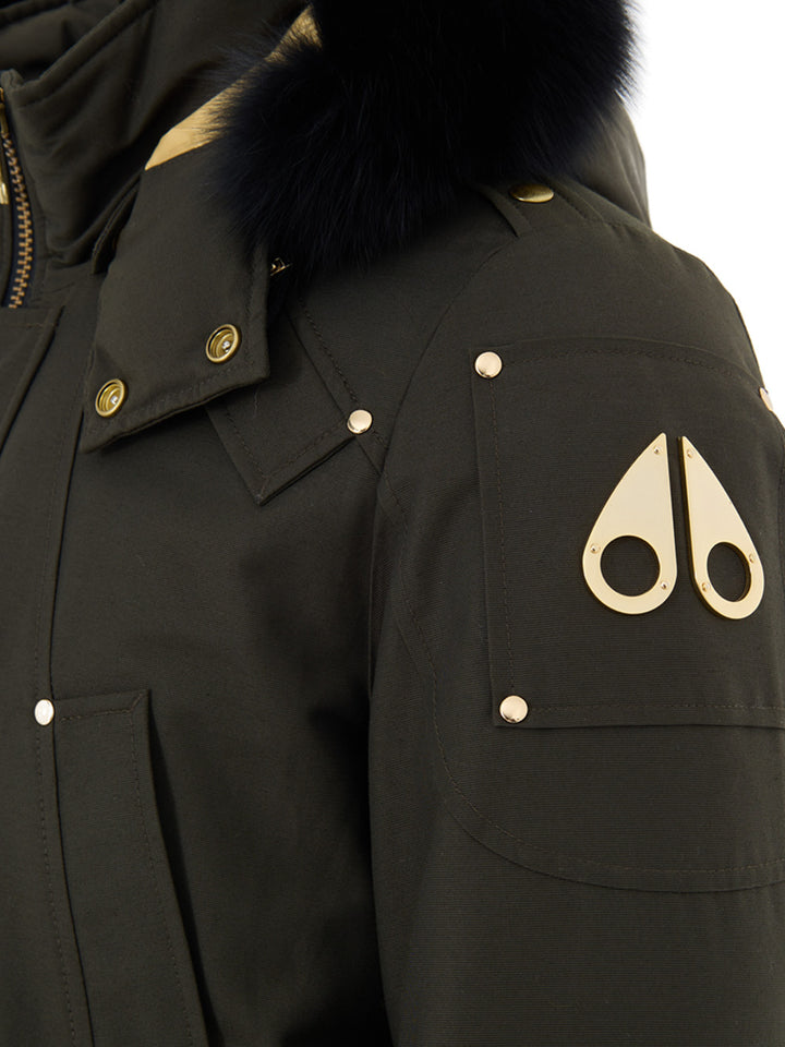 Giubbino Lungo in Tessuto Verde con Cappuccio e Pelliccia Moose Knuckles