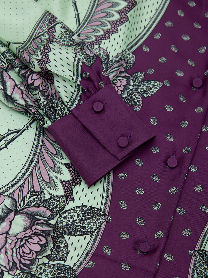 Camicia in Seta con Stampa Verde Menta e Viola Gucci