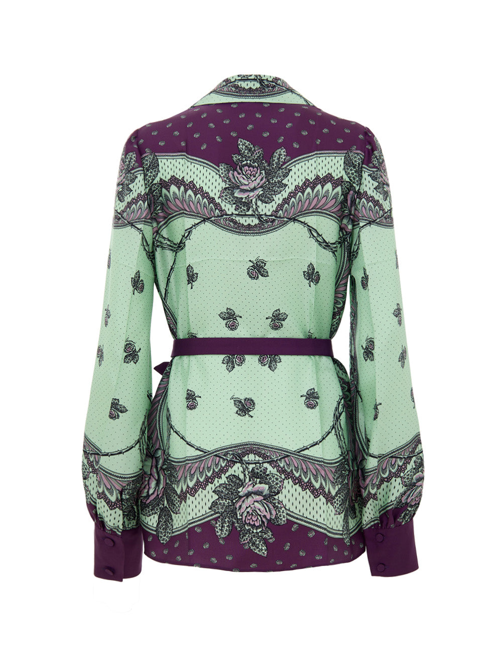 Camicia in Seta con Stampa Verde Menta e Viola Gucci