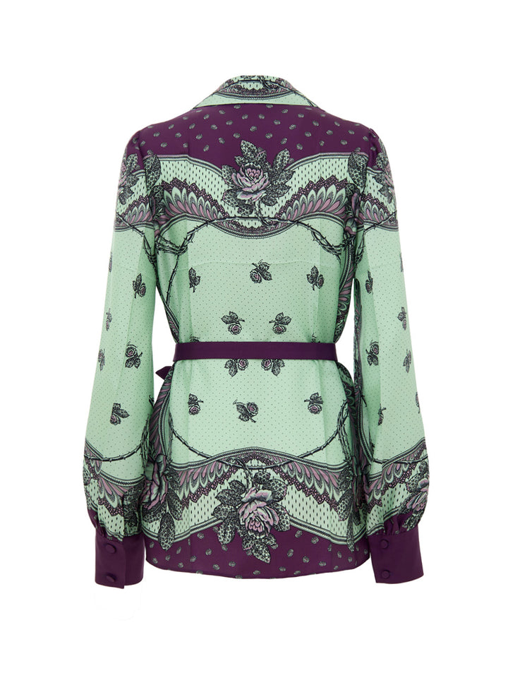 Camicia in Seta con Stampa Verde Menta e Viola Gucci