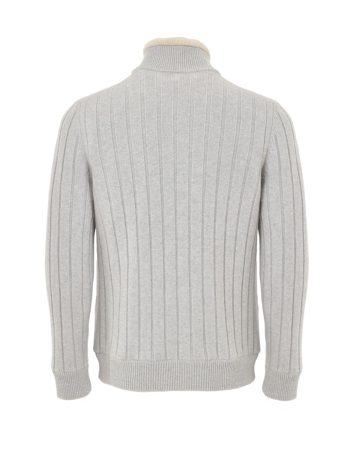 Maglione con Zip Grigio in Lana ed Eco Fur Gran Sasso