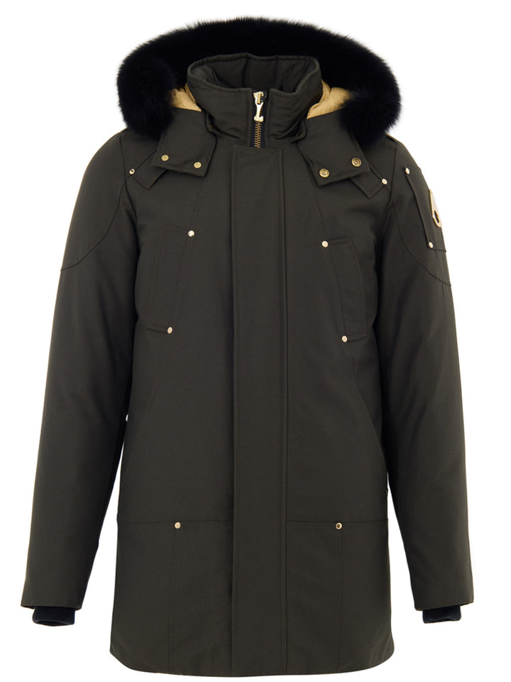 Giubbino Lungo in Tessuto Verde con Cappuccio e Pelliccia Moose Knuckles