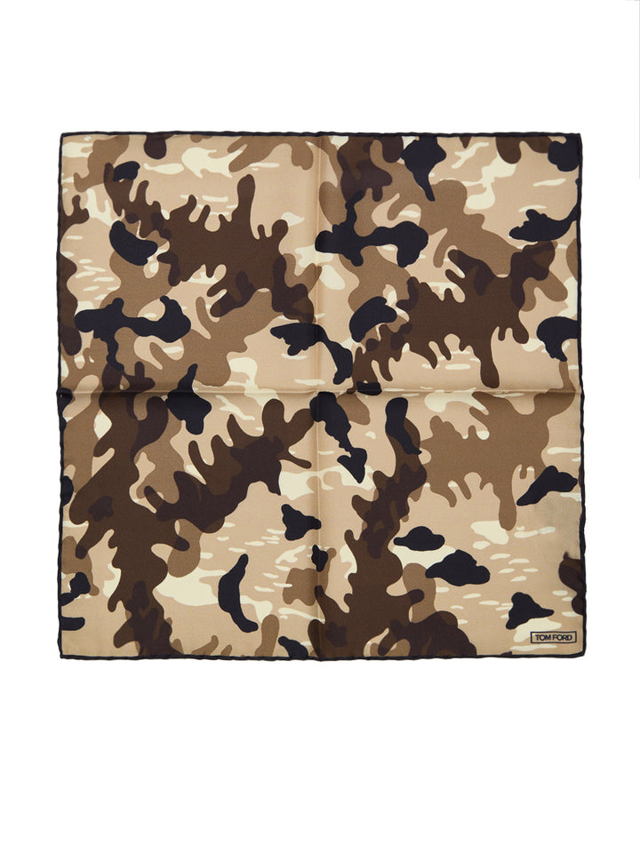Fazzoletto da Taschino in Seta Beige con Stampa Camouflage Tom Ford