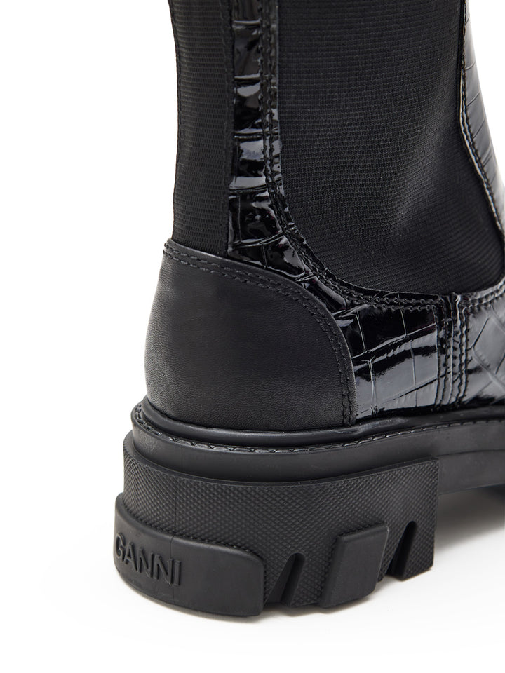 Stivali Alti Chelsea Neri Knee-High con Effetto Coccodrillo