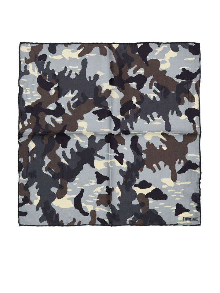 Fazzoletto da Taschino in Seta Grigio Chiaro con Stampa Camouflage Tom Ford