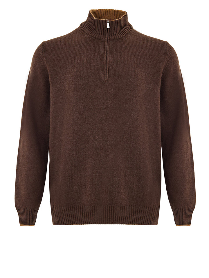Maglione Lupetto con Mezza Zip in Lana Marrone Gran Sasso
