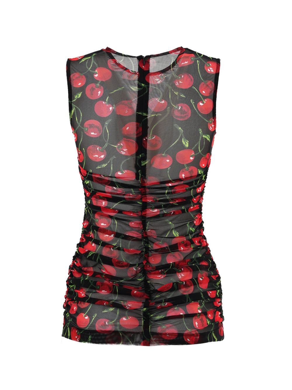 Top Smanicato in Tulle Nero Stampa Ciliegie Dolce & Gabbana