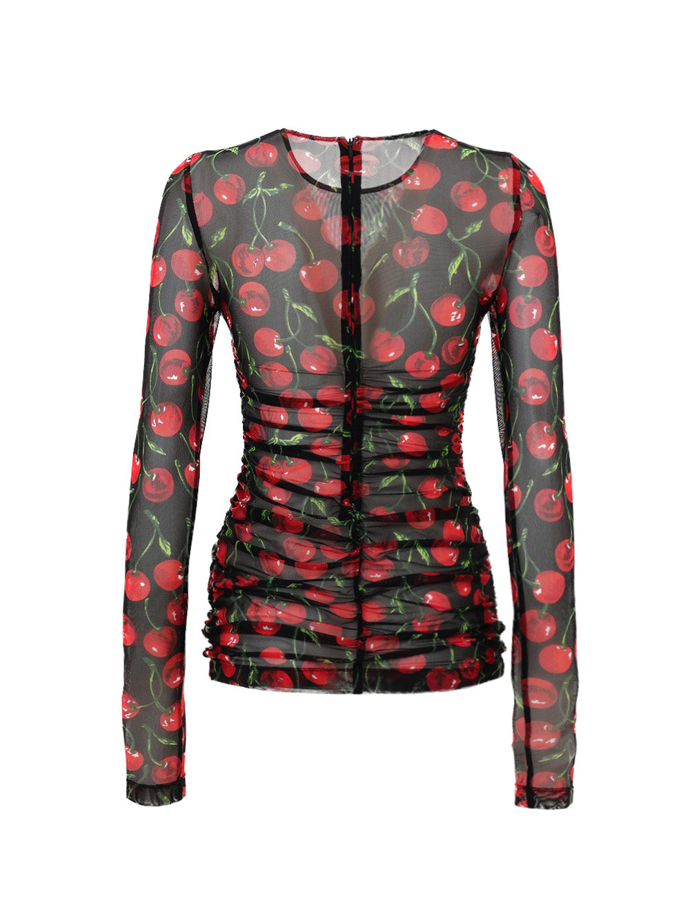 Maglia a Manica Lunga in Tulle Nero Stampa Ciliegie Dolce & Gabbana