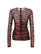 Maglia a Manica Lunga in Tulle Nero Stampa Ciliegie Dolce & Gabbana