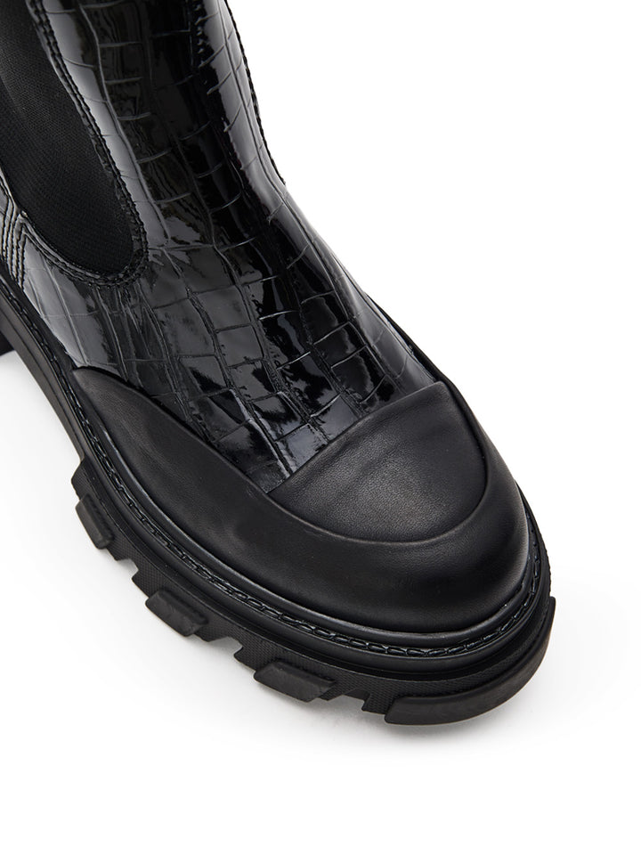 Stivali Alti Chelsea Neri Knee-High con Effetto Coccodrillo