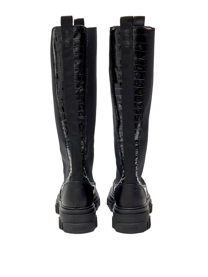 Stivali Alti Chelsea Neri Knee-High con Effetto Coccodrillo