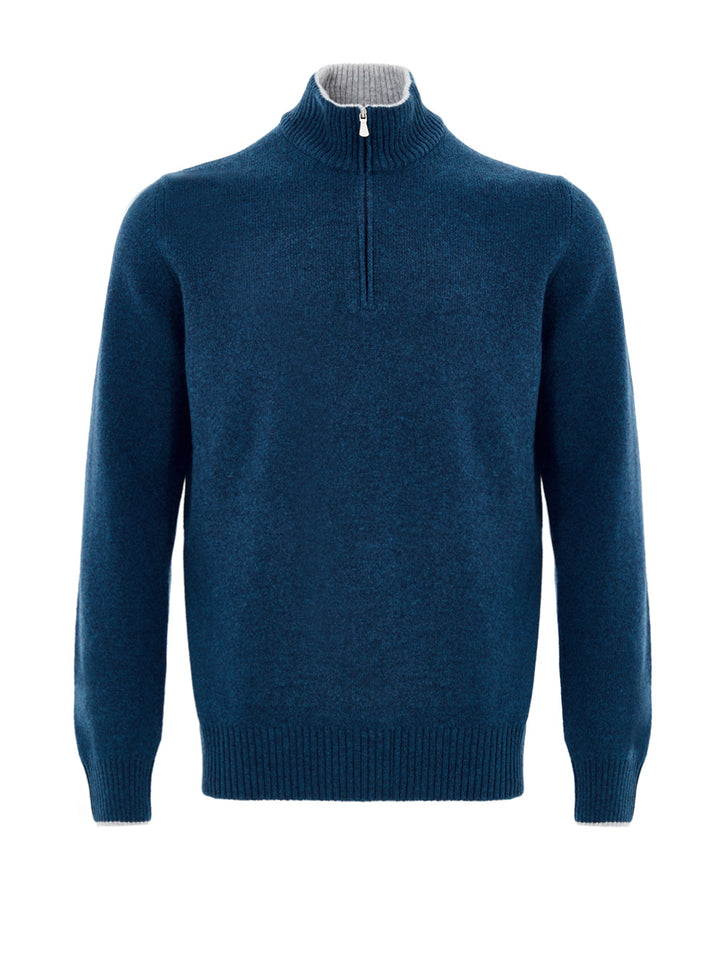 Maglione Lupetto con Mezza Zip in Lana Blu Gran Sasso