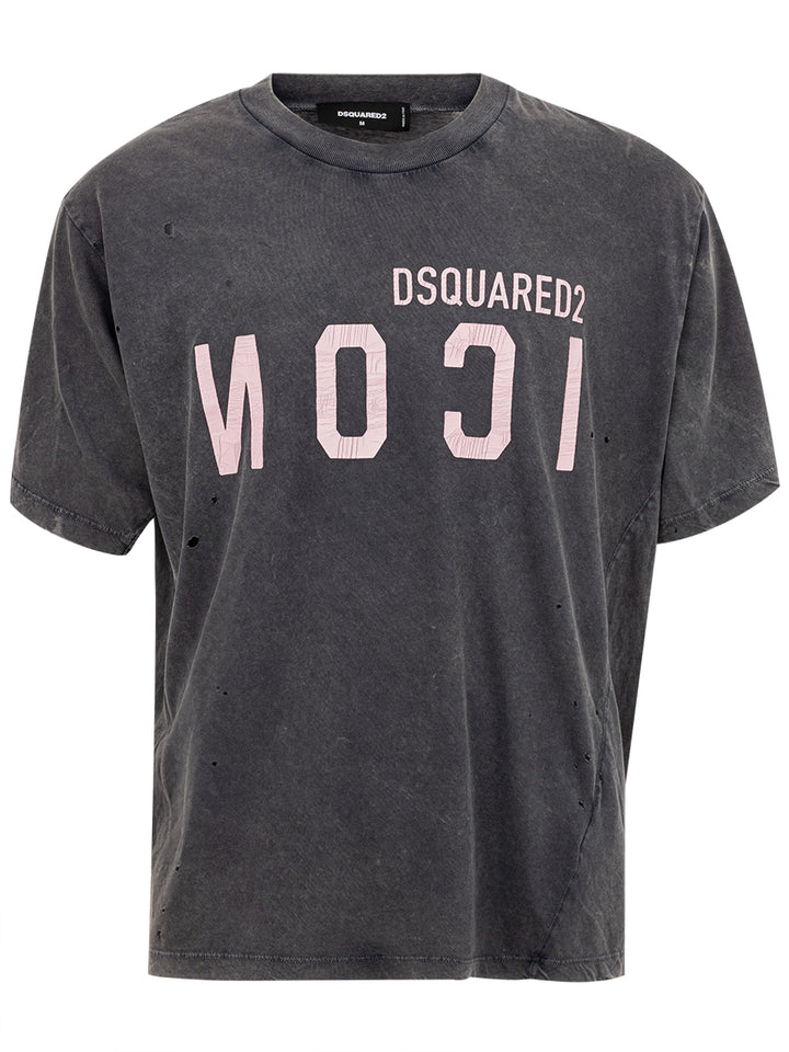T-Shirt in Cotone Effetto Destroyed con Logo Icon Dsquared2