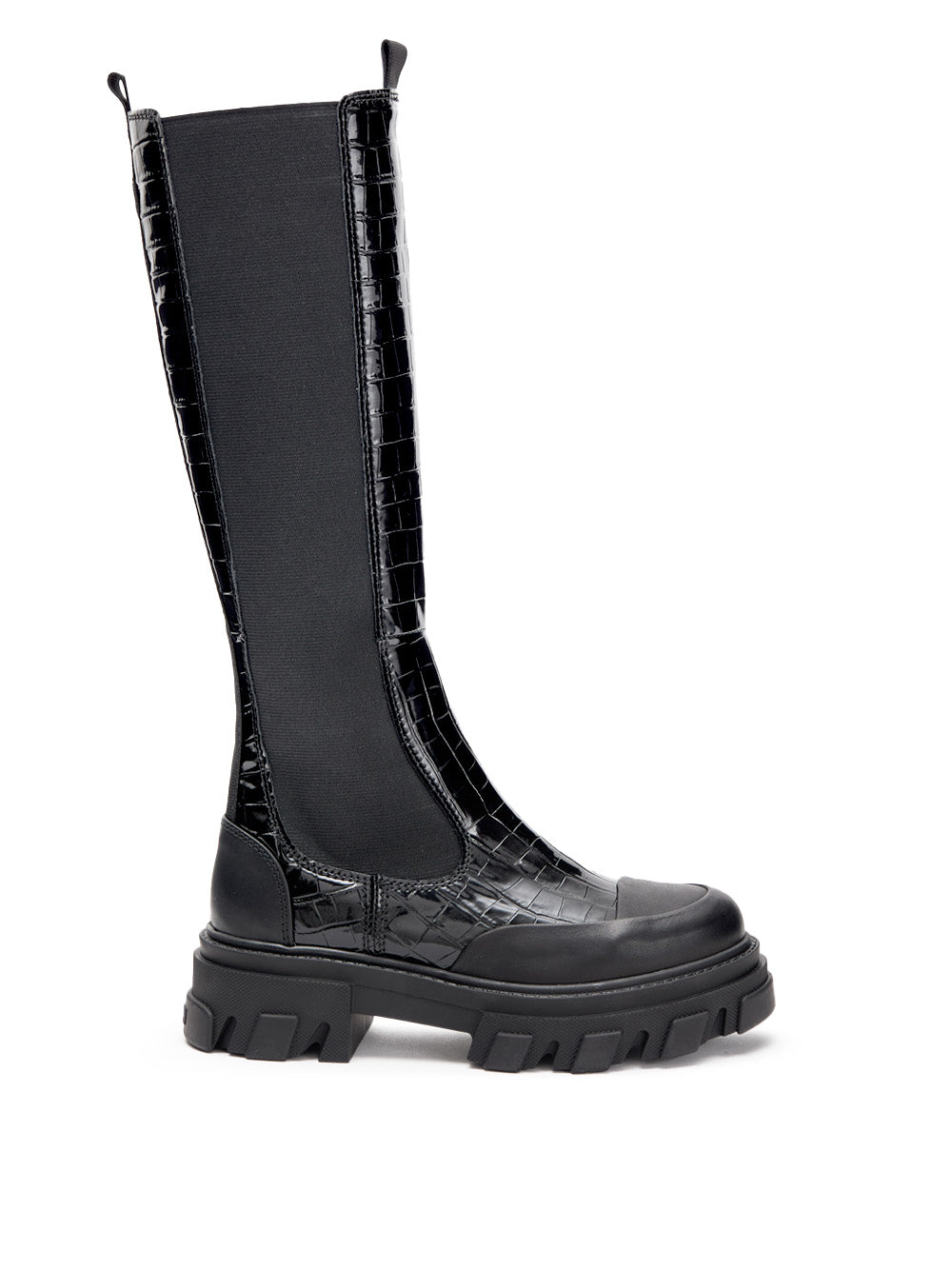 Stivali Alti Chelsea Neri Knee-High con Effetto Coccodrillo