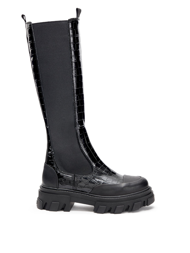 Stivali Alti Chelsea Neri Knee-High con Effetto Coccodrillo