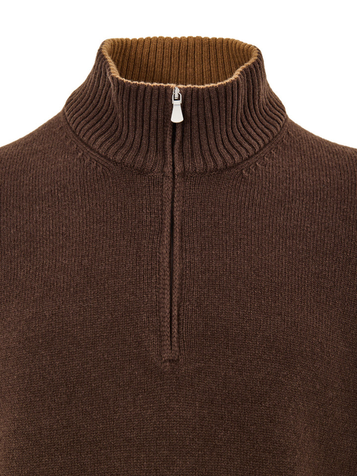 Maglione Lupetto con Mezza Zip in Lana Marrone Gran Sasso