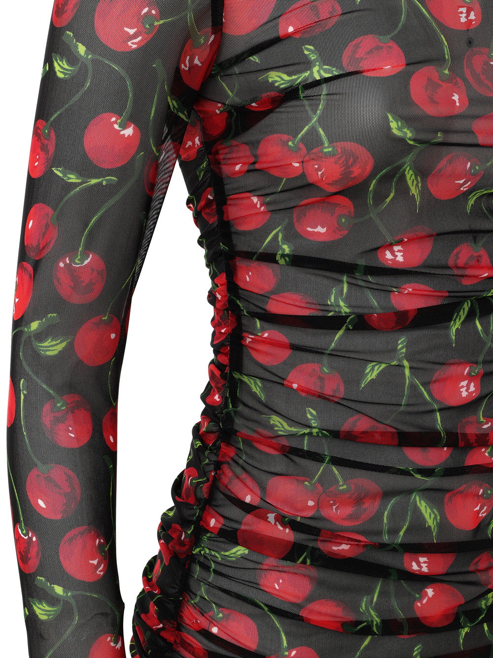 Maglia a Manica Lunga in Tulle Nero Stampa Ciliegie Dolce & Gabbana