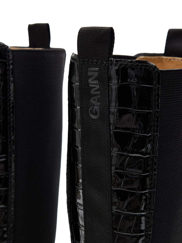Stivali Alti Chelsea Neri Knee-High con Effetto Coccodrillo