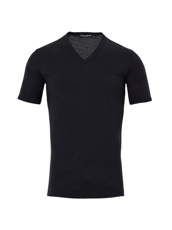 T-shirt Scollo a V in Cotone Nero Dolce & Gabbana