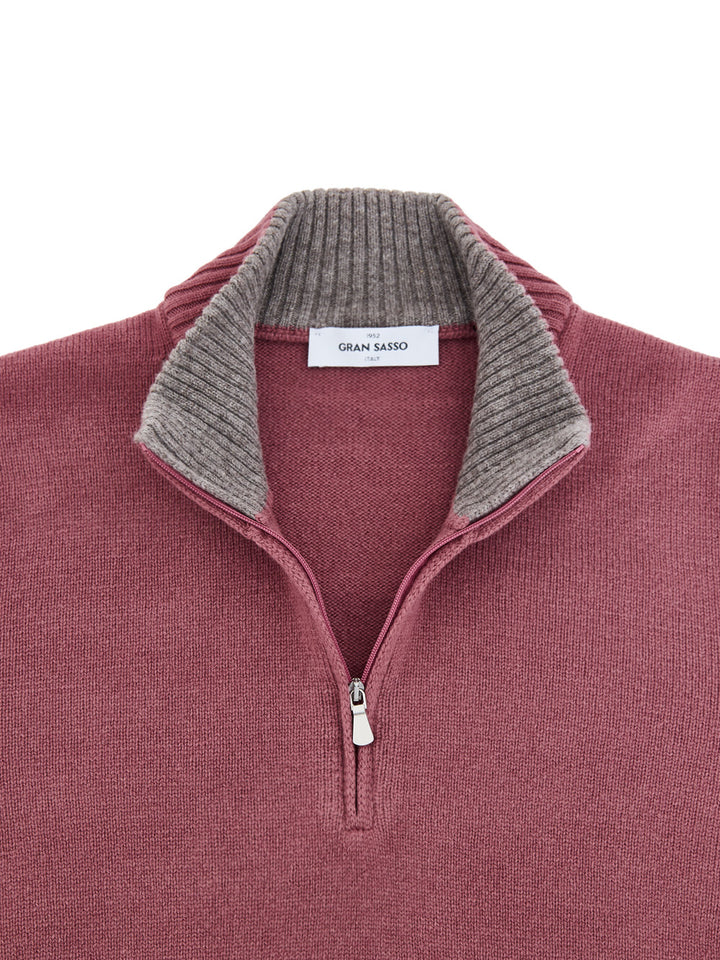 Maglione Lupetto con Mezza Zip in Lana Rosso Porpora Gran Sasso