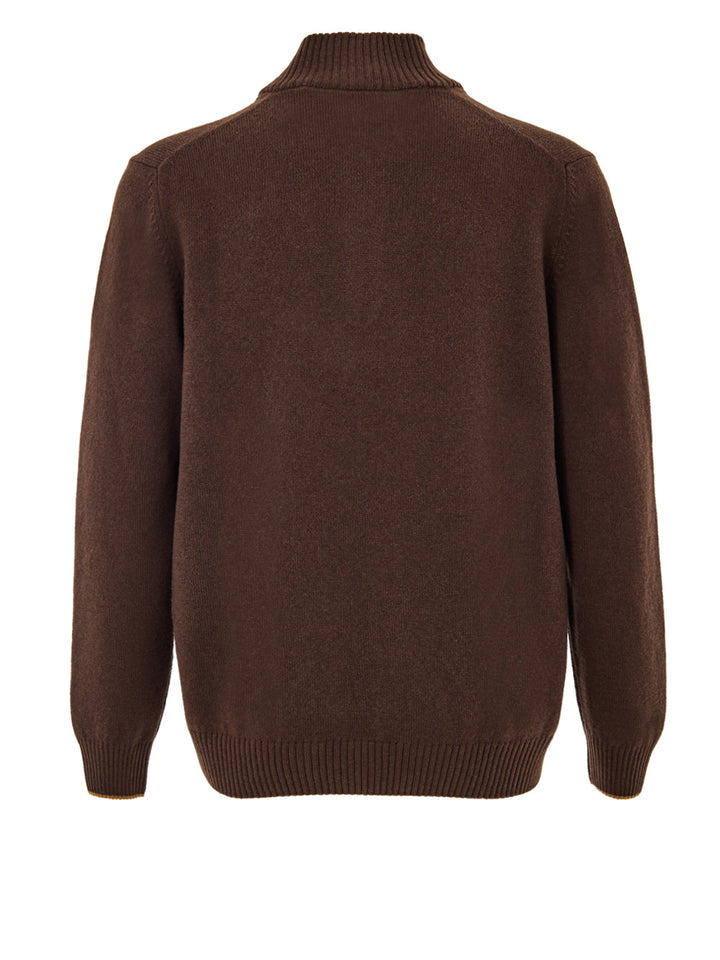 Maglione Lupetto con Mezza Zip in Lana Marrone Gran Sasso