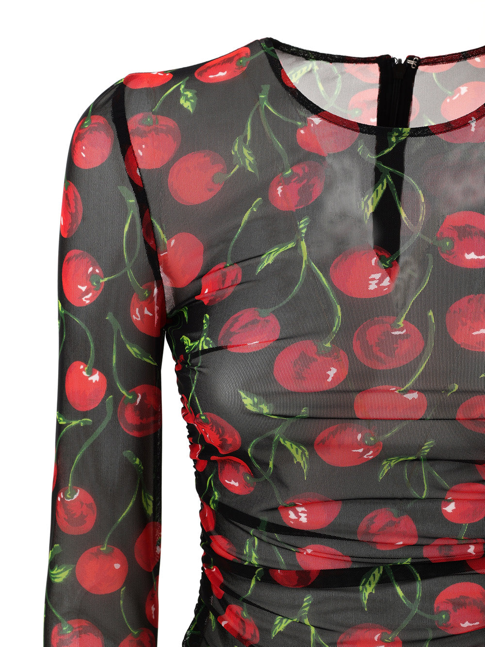 Maglia a Manica Lunga in Tulle Nero Stampa Ciliegie Dolce & Gabbana