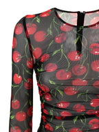 Maglia a Manica Lunga in Tulle Nero Stampa Ciliegie Dolce & Gabbana