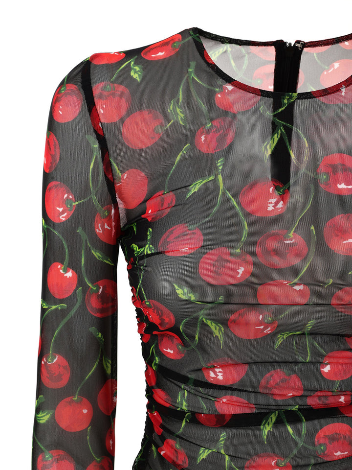 Maglia a Manica Lunga in Tulle Nero Stampa Ciliegie Dolce & Gabbana