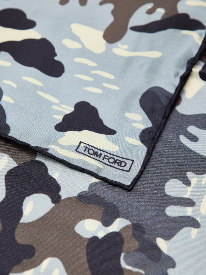 Fazzoletto da Taschino in Seta Grigio Chiaro con Stampa Camouflage Tom Ford