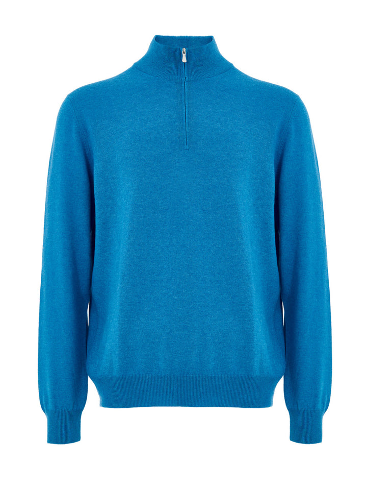 Maglione Lupetto con Mezza Zip in Lana Azzurro Gran Sasso